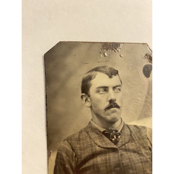 Tintype Photograph Long Faced Man with Mustache, Plaid Jacket and Striped Shirt - Picture 3 of 6